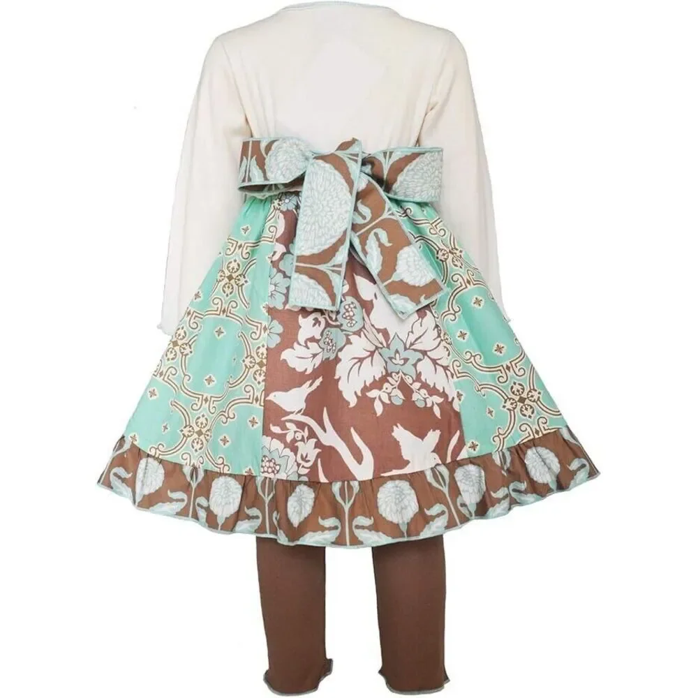 Ann Loren BNWT Girl's Autumn Outfit Mint Green‎ Floral & Birds Dress Size 6
